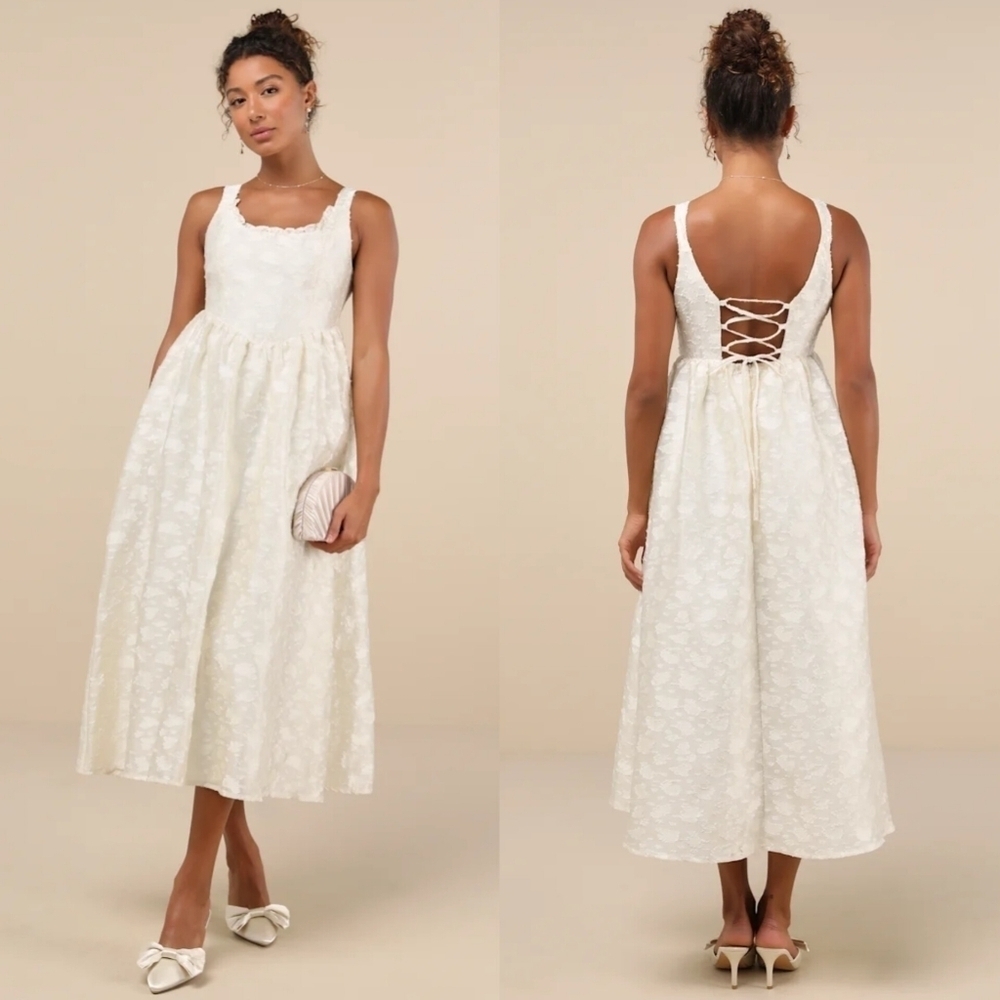 Lulus Immaculate Elegance Cream Jacquard Lace-Up Midi Dress XL Wedding Party